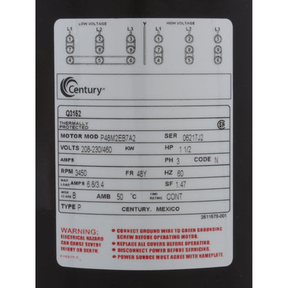 Motor, Century, 1.5hp, 208v-230v/460v, 3ph, 48Yfr, SQFL Thd