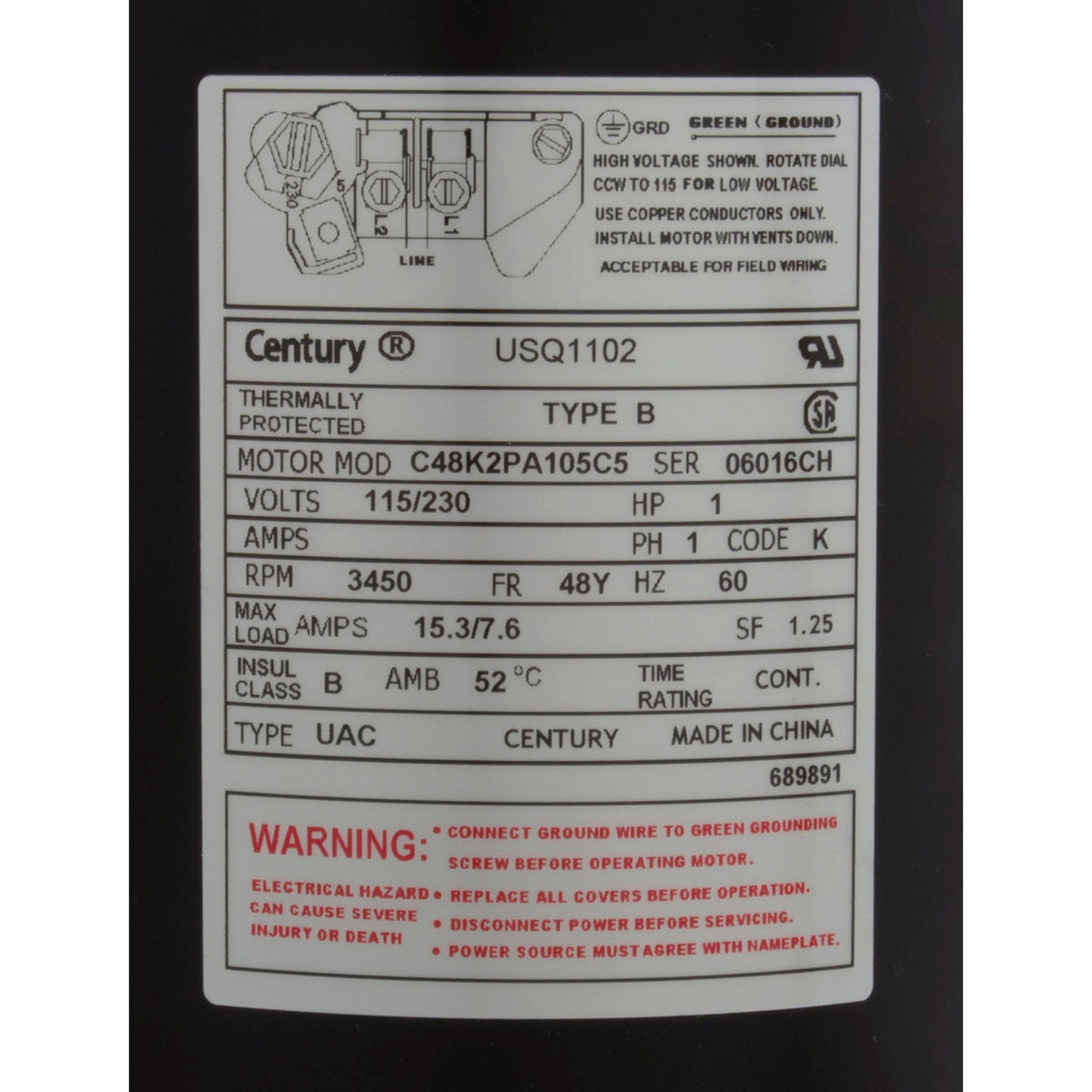 Motor, Century, 1.0hp, 115v/230v, 1-Speed, 48Y Frame