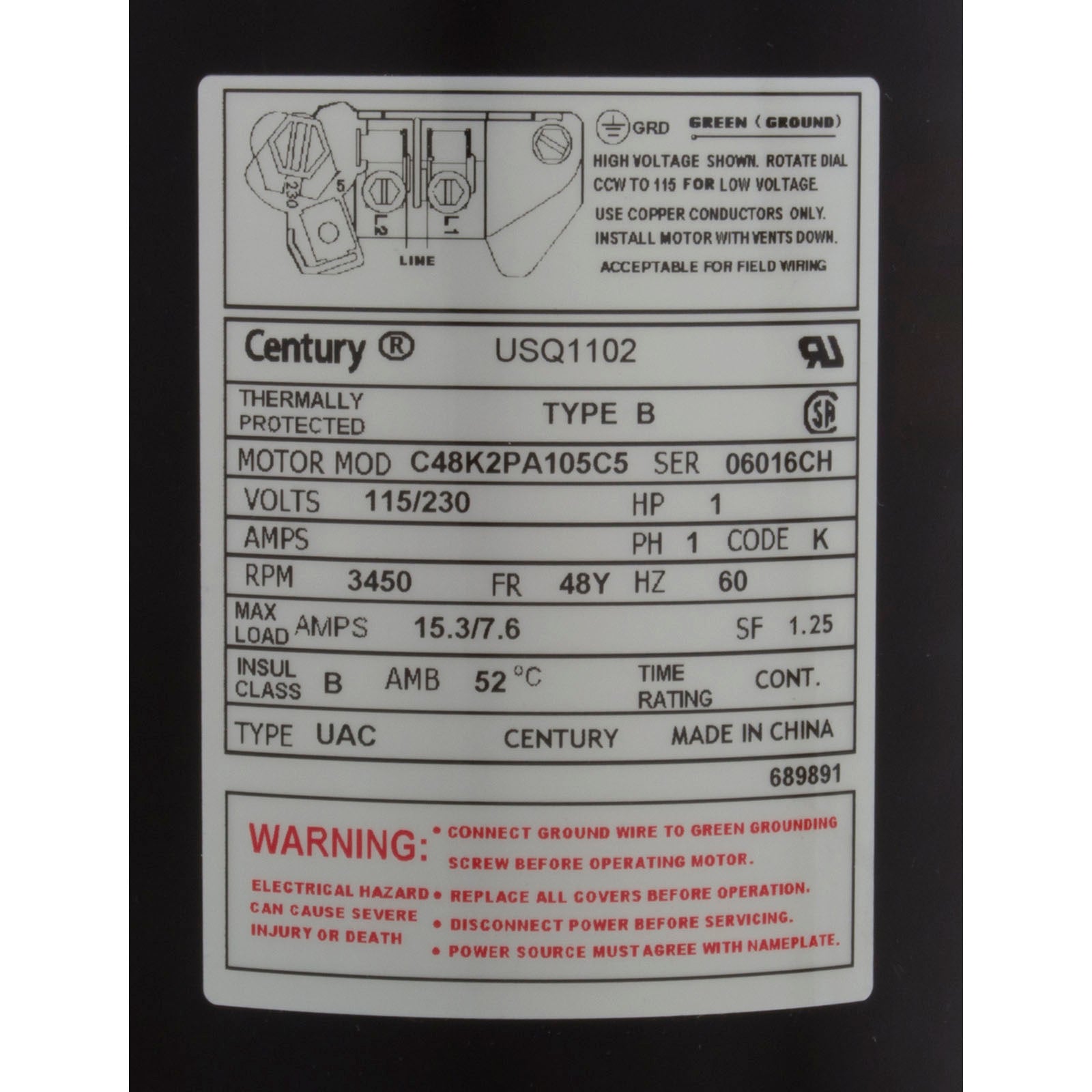 Motor, Century, 1.0hp, 115v/230v, 1-Speed, 48Y Frame
