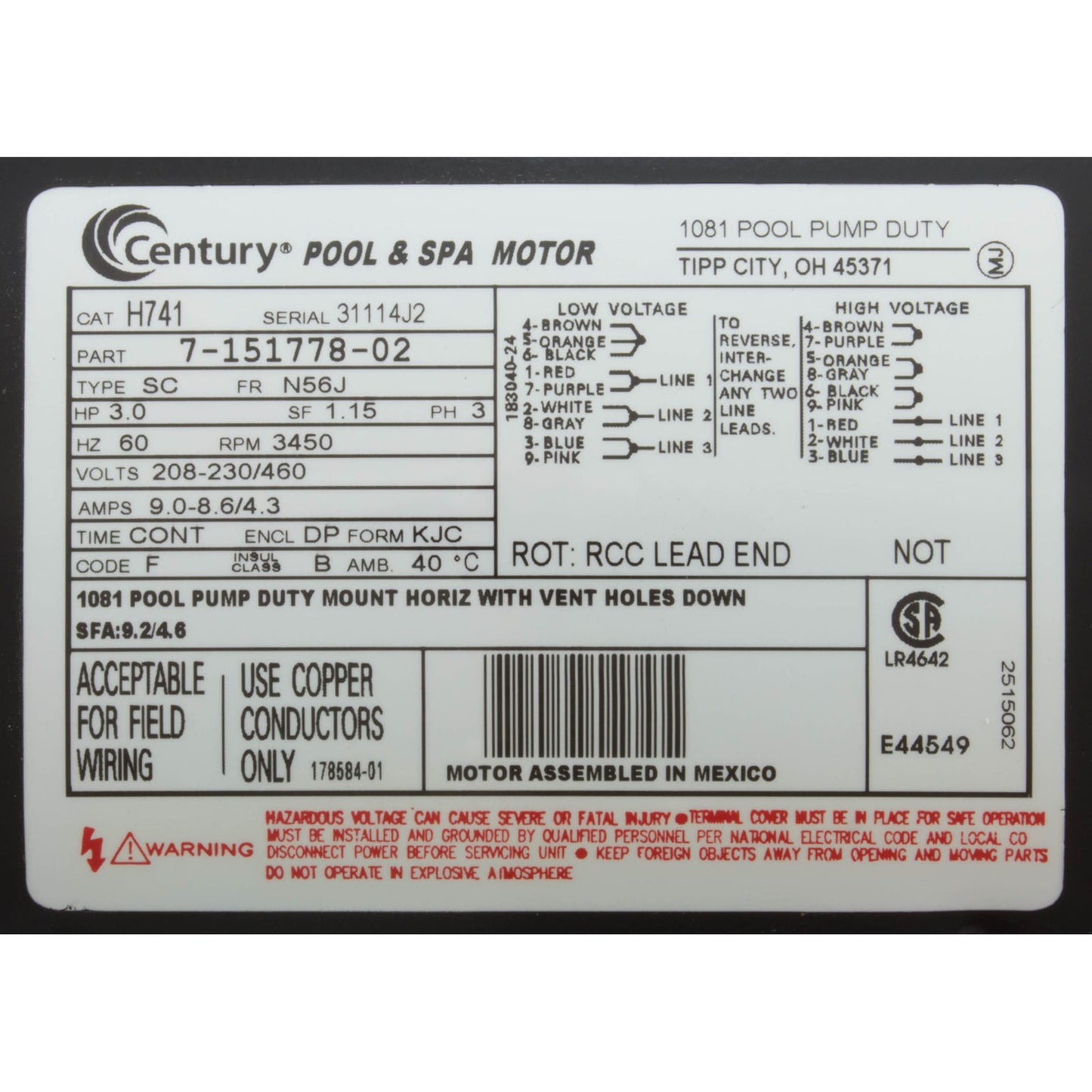 Motor, Century, 3.0hp, 208v-230v/460v, 3ph, 56Jfr, C-Face Thd