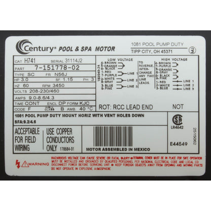 Motor, Century, 3.0hp, 208v-230v/460v, 3ph, 56Jfr, C-Face Thd