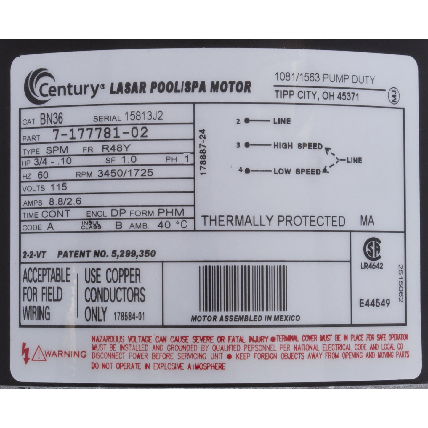 Motor, Century, 0,75 caballos de fuerza, 115 V, 2 velocidades, cuadro de 48