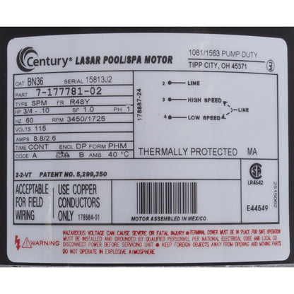 Motor, Century, 0,75 caballos de fuerza, 115 V, 2 velocidades, cuadro de 48