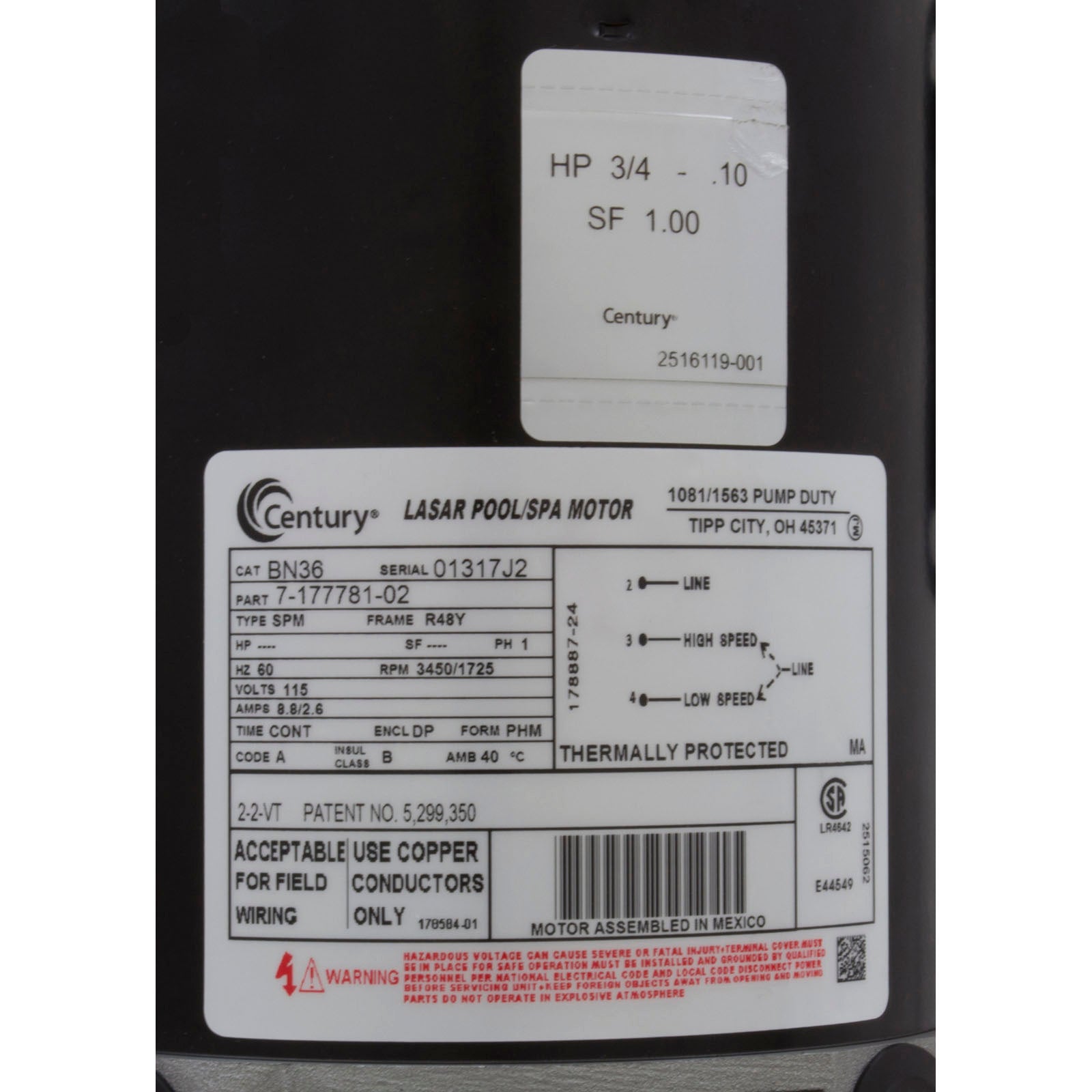 Motor, Century/WW, 0.75hp, 115v, 2-Speed, 48 Frame