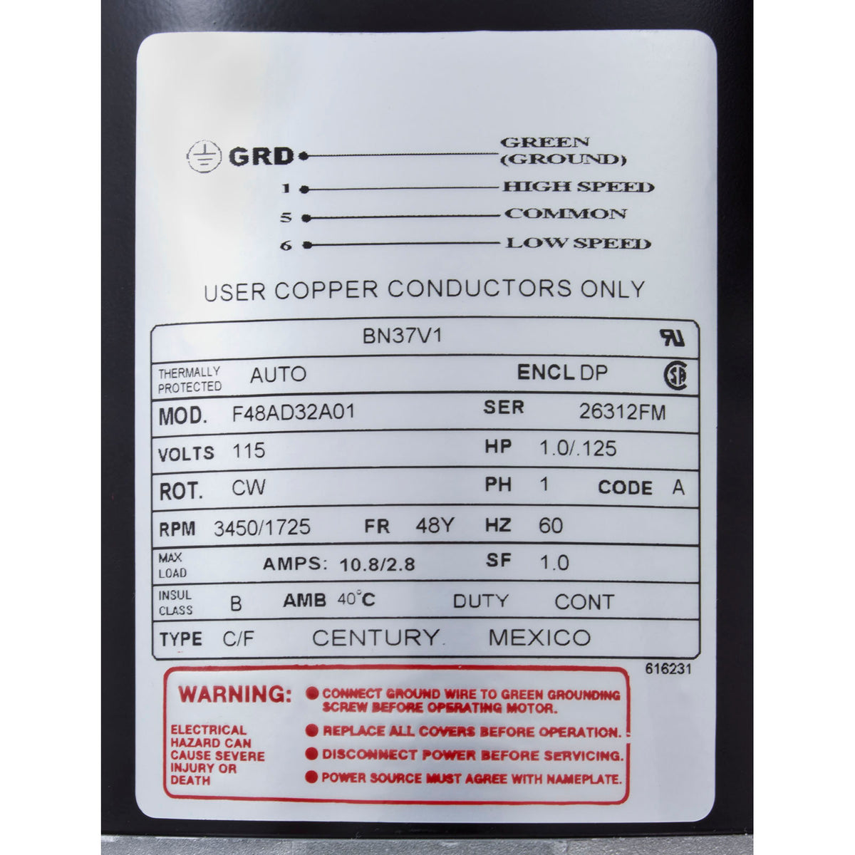 Moteur, Century, 1,0 chevaux, 115 V, 2 vitesses, cadre 48