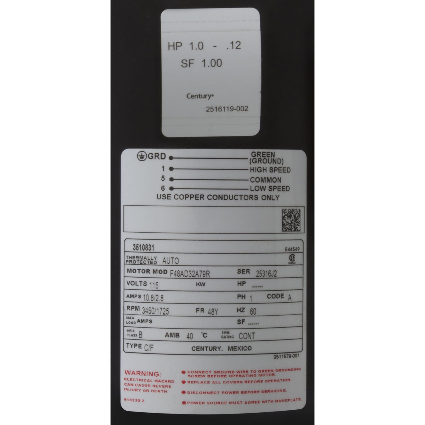 Motor, Century/WW, 1.0 HP, 115 V, 2 velocidades, cuadro 48