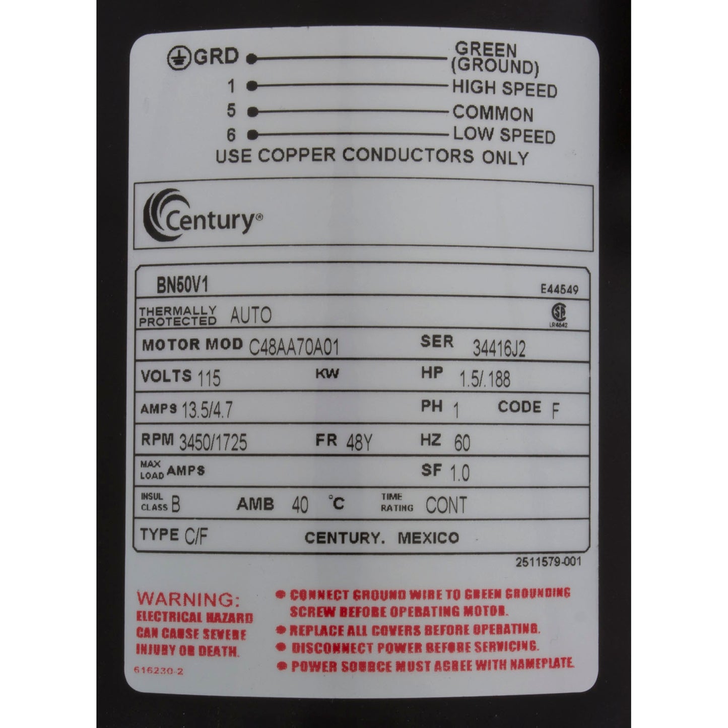 Motor, Century, 1.5 Horsepower, 115v, 2 Speed, 48 Frame