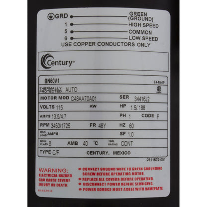 Motor, Century, 1.5 Horsepower, 115v, 2 Speed, 48 Frame