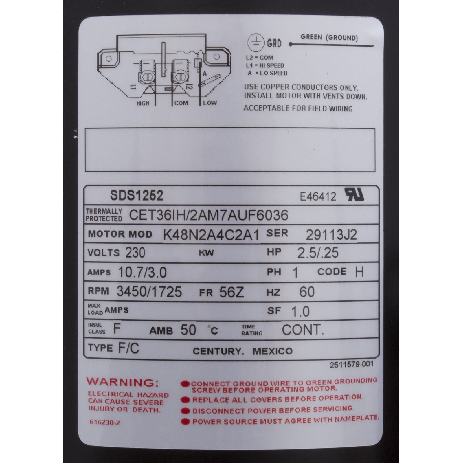 Motor, Century, 2.5 Horsepower, 230v, 2 Speed, 48 Frame
