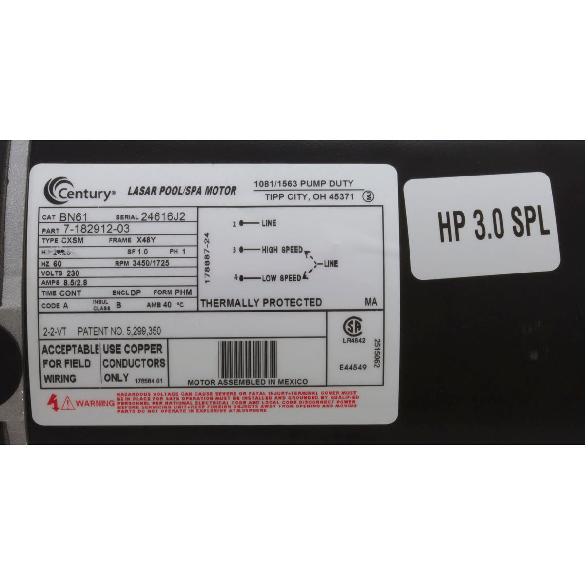 Motor, Century, 2.0 Horsepower, 230v, 2 Speed, 48 Frame, EE