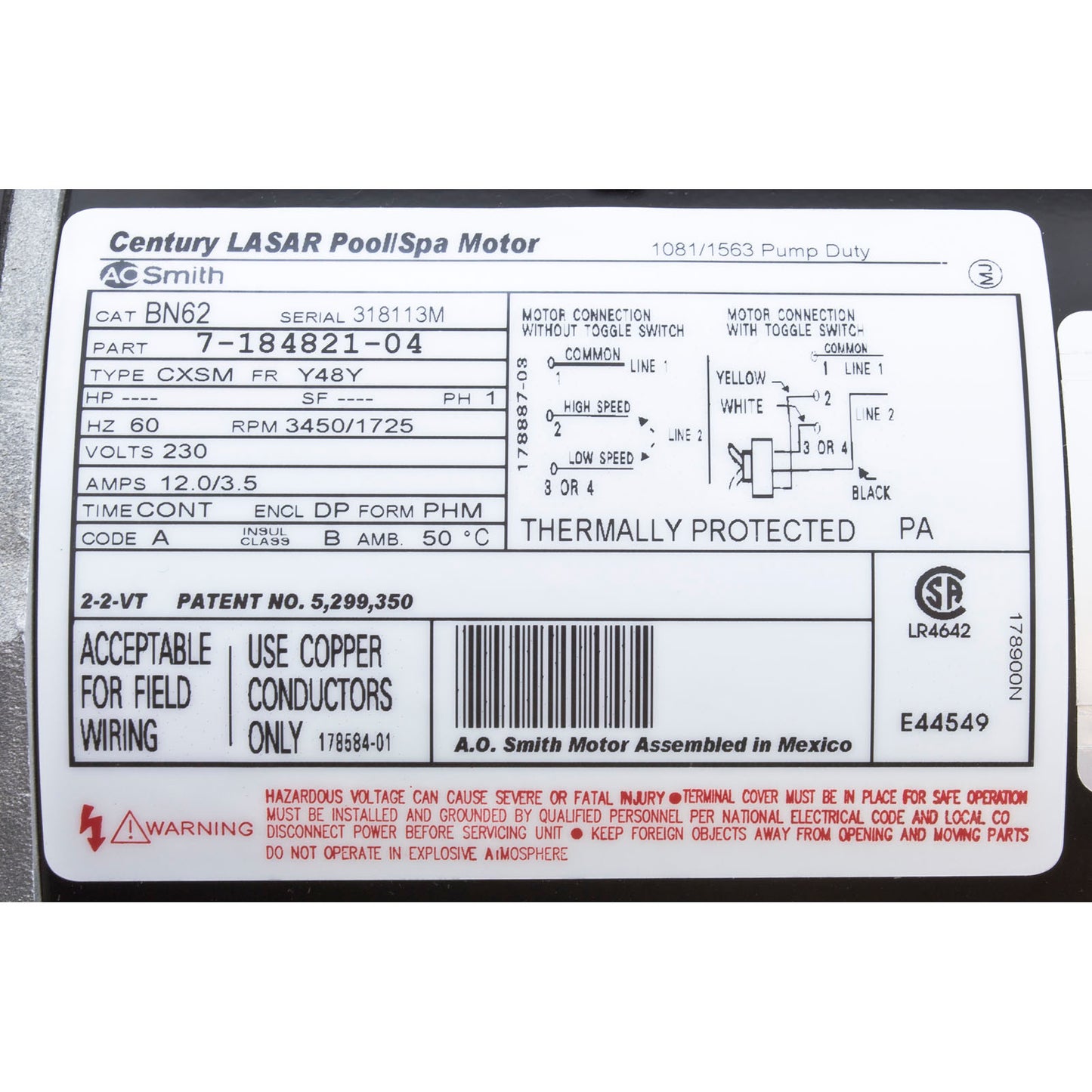 Motor, Century, 3.0 Horsepower, 230v, 2 Speed, 48 Frame