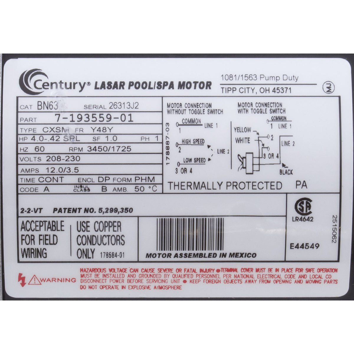 Motor, Century, 4.0 Horsepower, 208v-230v, 2 Speed, 48 Frame