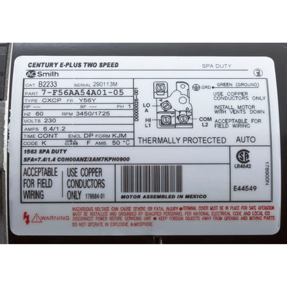 Motor, Century, 2.0 Horsepower, 230v, 2 Speed, 56 Y Frame