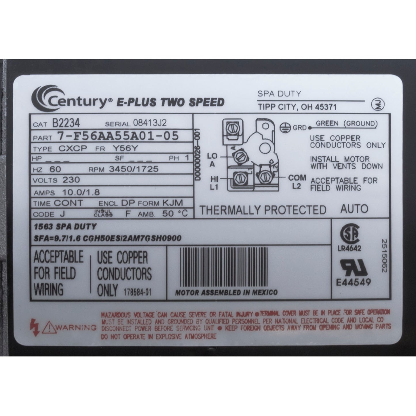 Motor, Century, 3.0 Horsepower, 230v, 2 Speed, 56 Y Frame