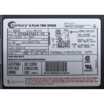 Motor, Century, 3.0 Horsepower, 230v, 2 Speed, 56 Y Frame