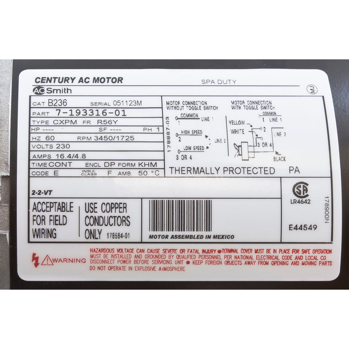 Motor, Century, 5.0 Horsepower, 230v, 2 Speed, 56 Y Frame