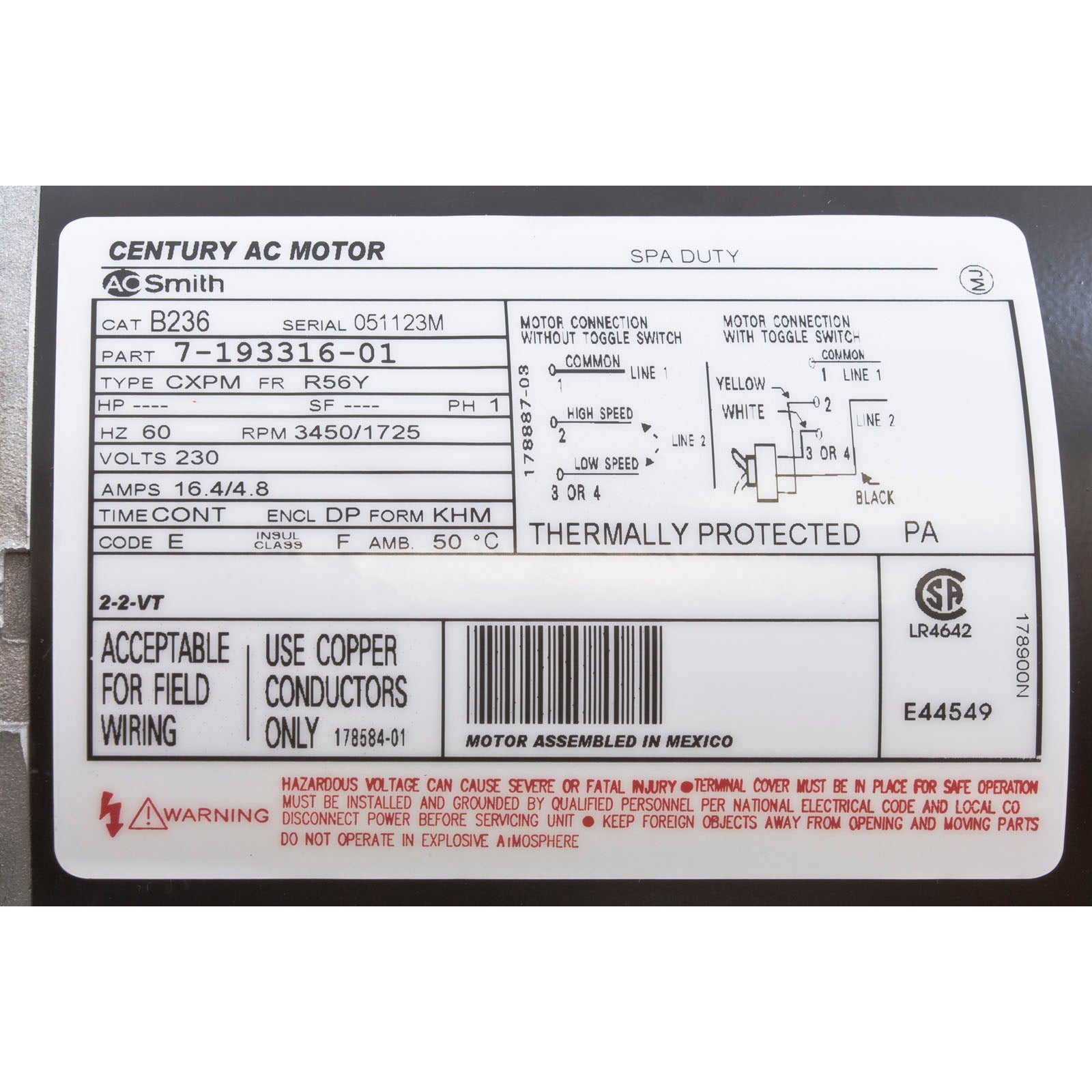 Motor, Century, 5.0 Horsepower, 230v, 2 Speed, 56 Y Frame