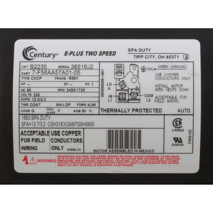 Motor, Century, 4.0 Horsepower, 230v, 2 Speed, 56 Y Frame