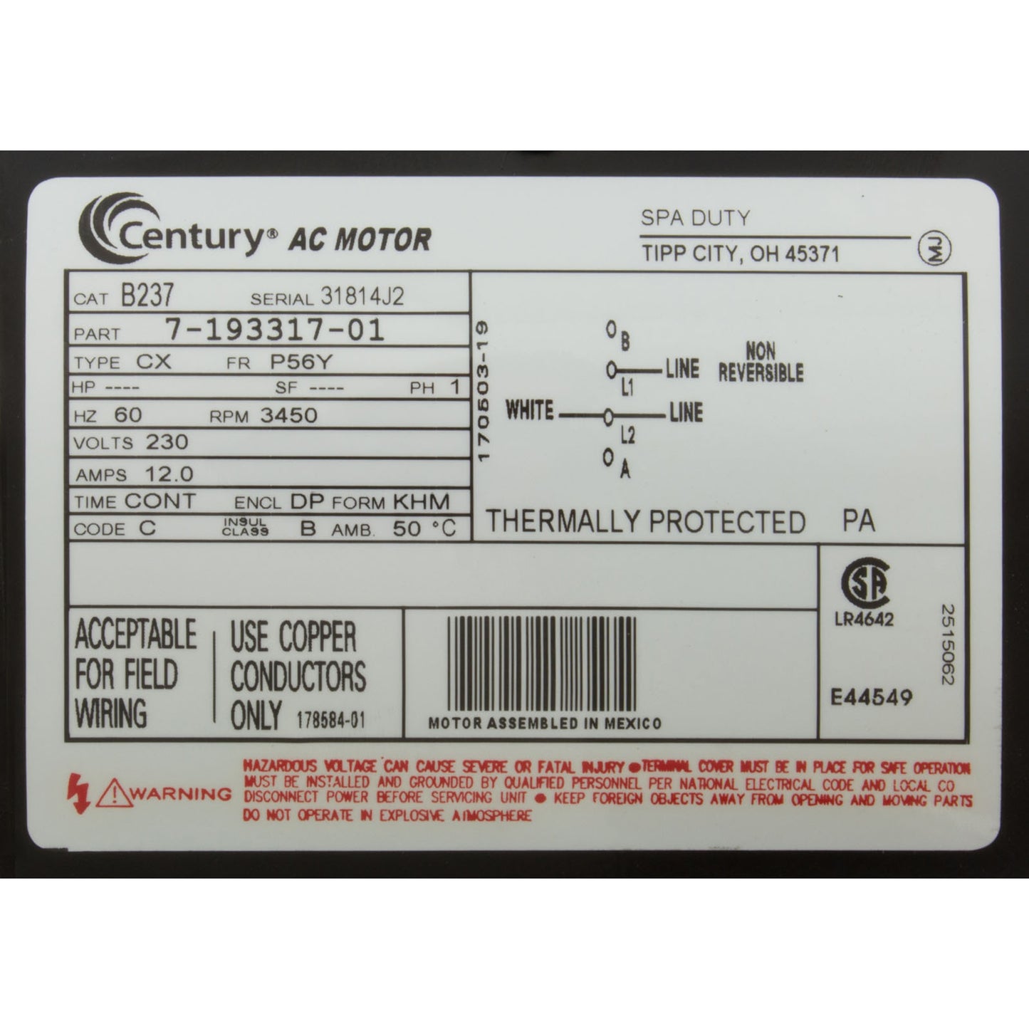 Motor, Century, 3.0 Horsepower, 230v, 1 Speed, 56 Y Frame