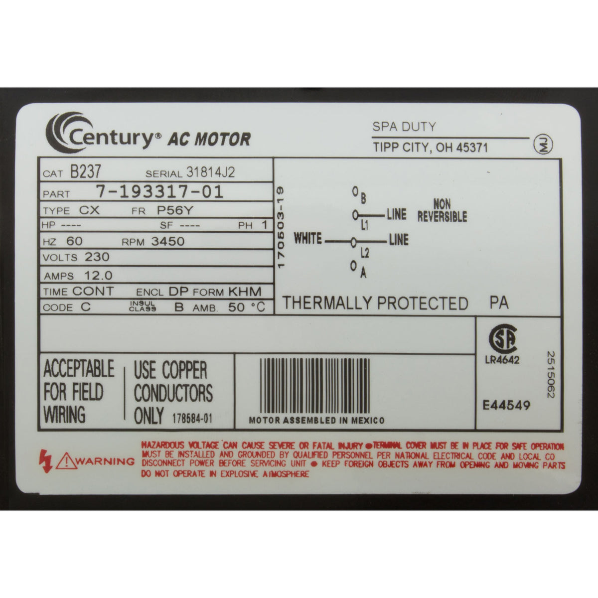 Motor, Century, 3.0 Horsepower, 230v, 1 Speed, 56 Y Frame