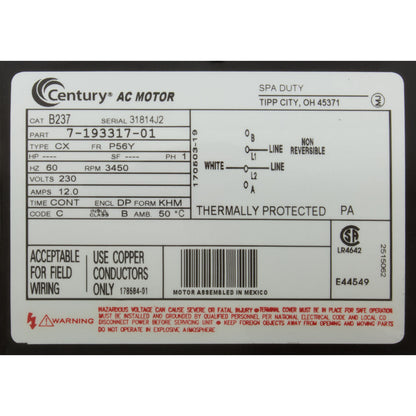 Motor, Century, 3.0 Horsepower, 230v, 1 Speed, 56 Y Frame