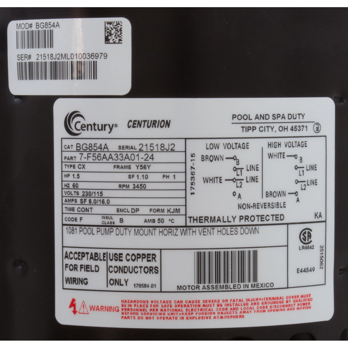 Motor, Century Guardian,1hp,115v/230v,1-Spd,56Yfr,SQFL,Full