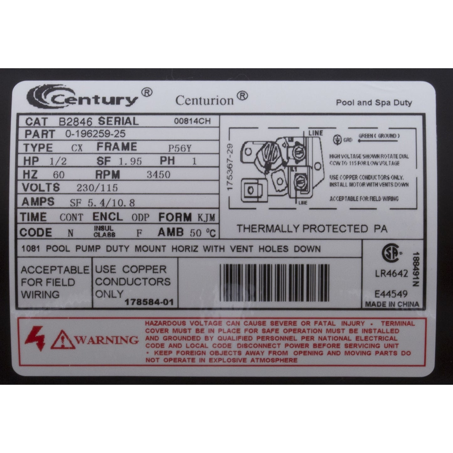 Motor, Century, 0.5hp, 115v/230v, 1-Spd, 56Yfr, SQFL