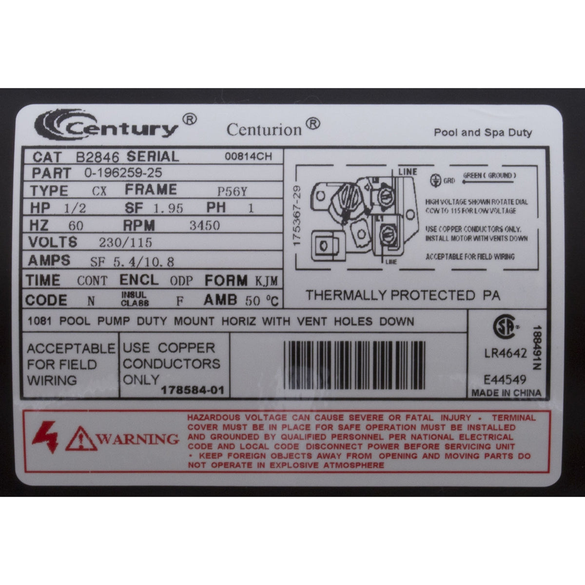 Motor, Century, 0.5hp, 115v/230v, 1-Spd, 56Yfr, SQFL