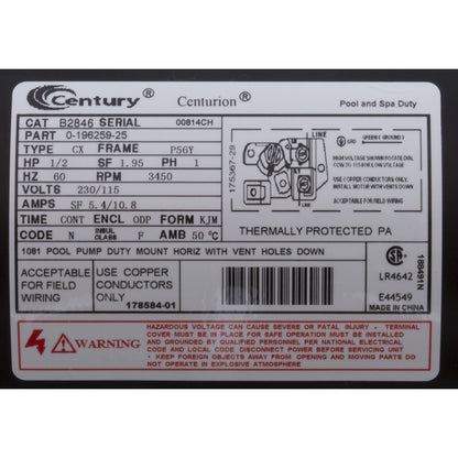 Motor, Century, 0.5hp, 115v/230v, 1-Spd, 56Yfr, SQFL