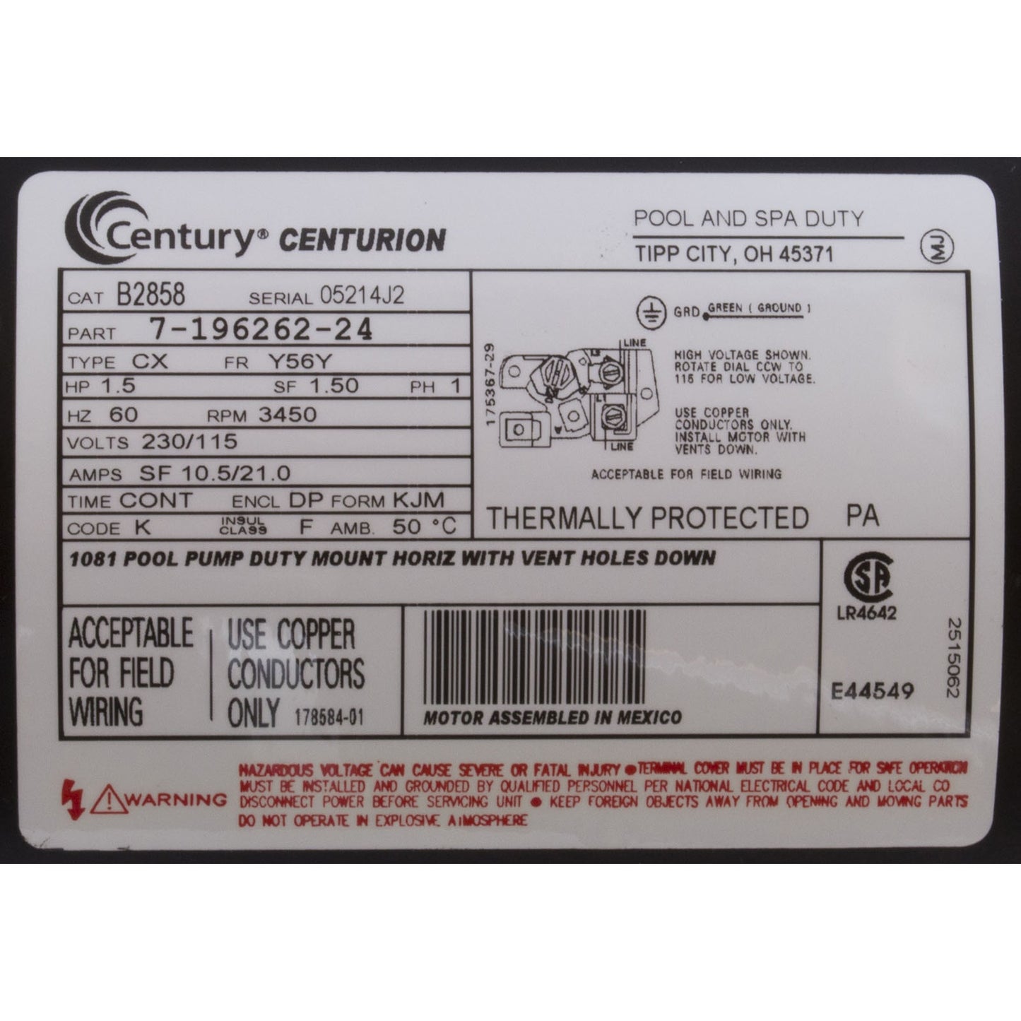 Motor, Century, 1.5hp, 115v/230v, 1-Spd, 56Yfr, SQFL, Full Rate