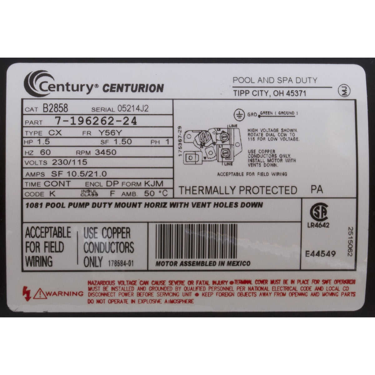 Motor, Century, 1.5hp, 115v/230v, 1-Spd, 56Yfr, SQFL, Full Rate