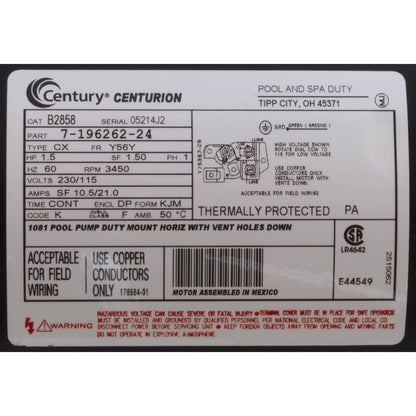 Motor, Century, 1.5hp, 115v/230v, 1-Spd, 56Yfr, SQFL, Full Rate