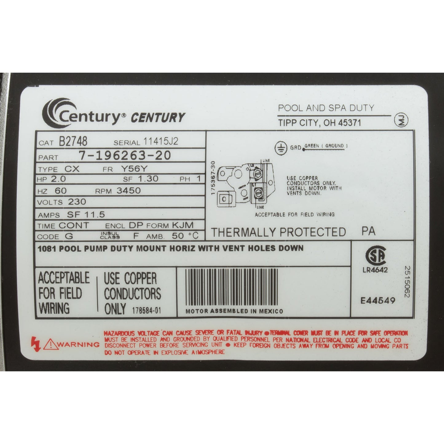 Motor, Century, 2.0hp, 230v, 1-Spd, 56Yfr, SQFL