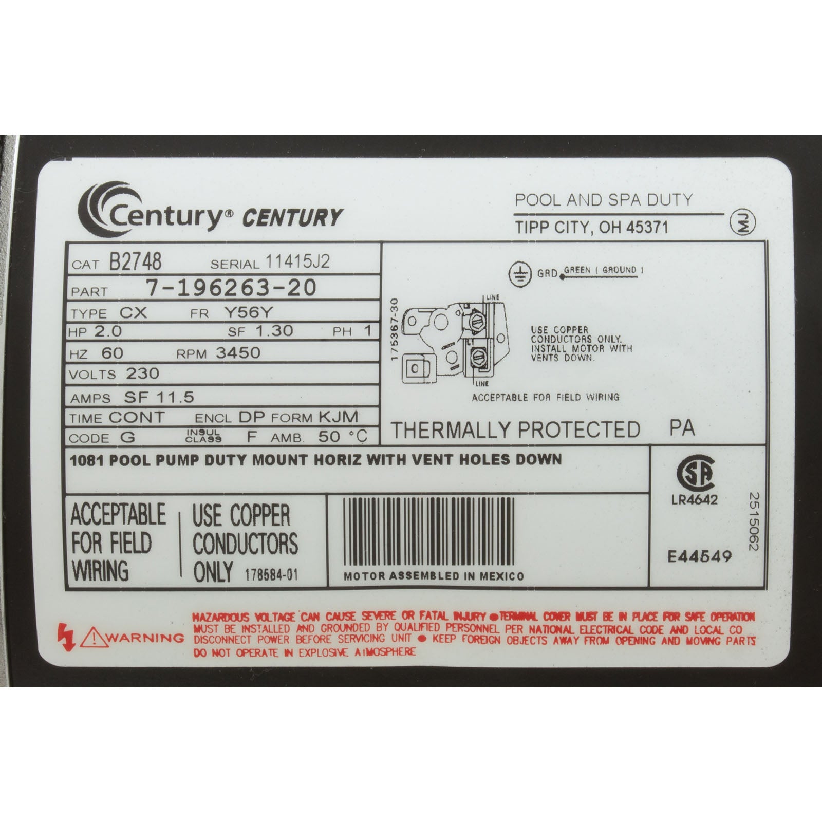 Motor, Century, 2.0hp, 230v, 1-Spd, 56Yfr, SQFL