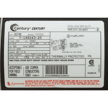 Motor, Century, 2.0hp, 230v, 1-Spd, 56Yfr, SQFL