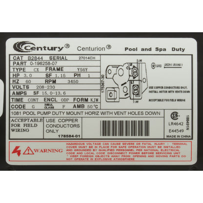 Motor, Century, 3.0hp, 230v, 1-Spd, 56Yfr, SQFL, EE