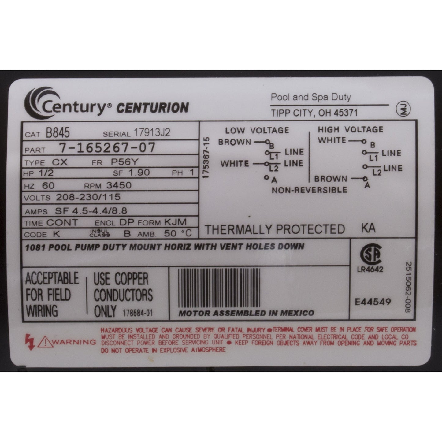 Motor, Century, 0.5hp, 115v/230v, 1-Spd, 56Yfr, SQFL, EE