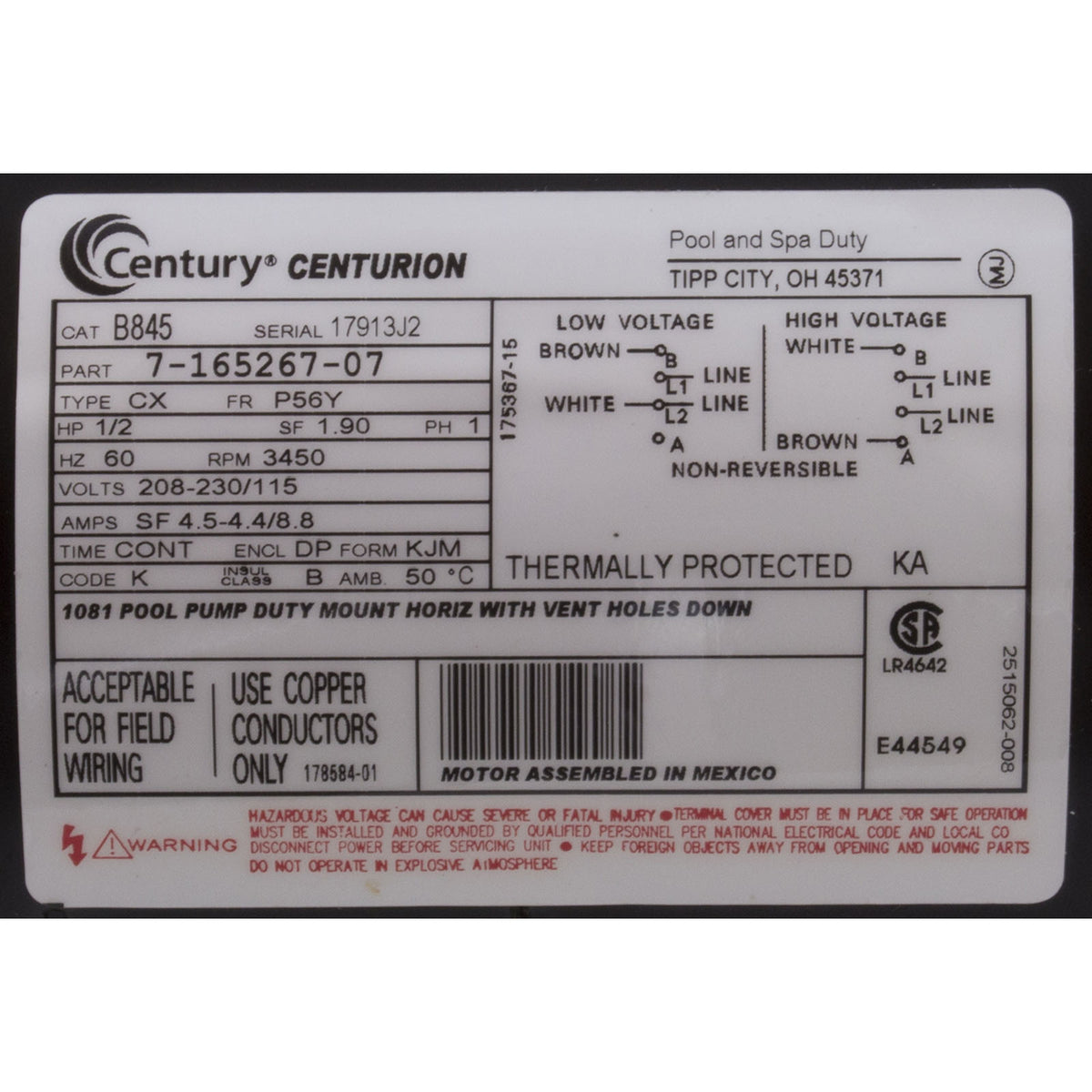 Motor, Century, 0.5hp, 115v/230v, 1-Spd, 56Yfr, SQFL, EE