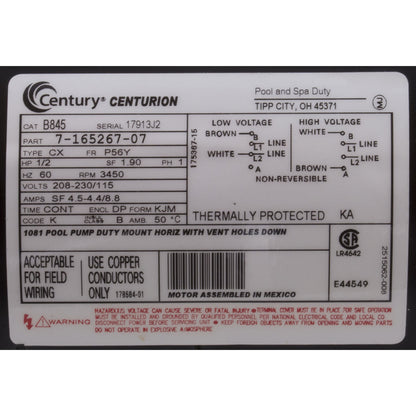 Motor, Century, 0.5hp, 115v/230v, 1-Spd, 56Yfr, SQFL, EE