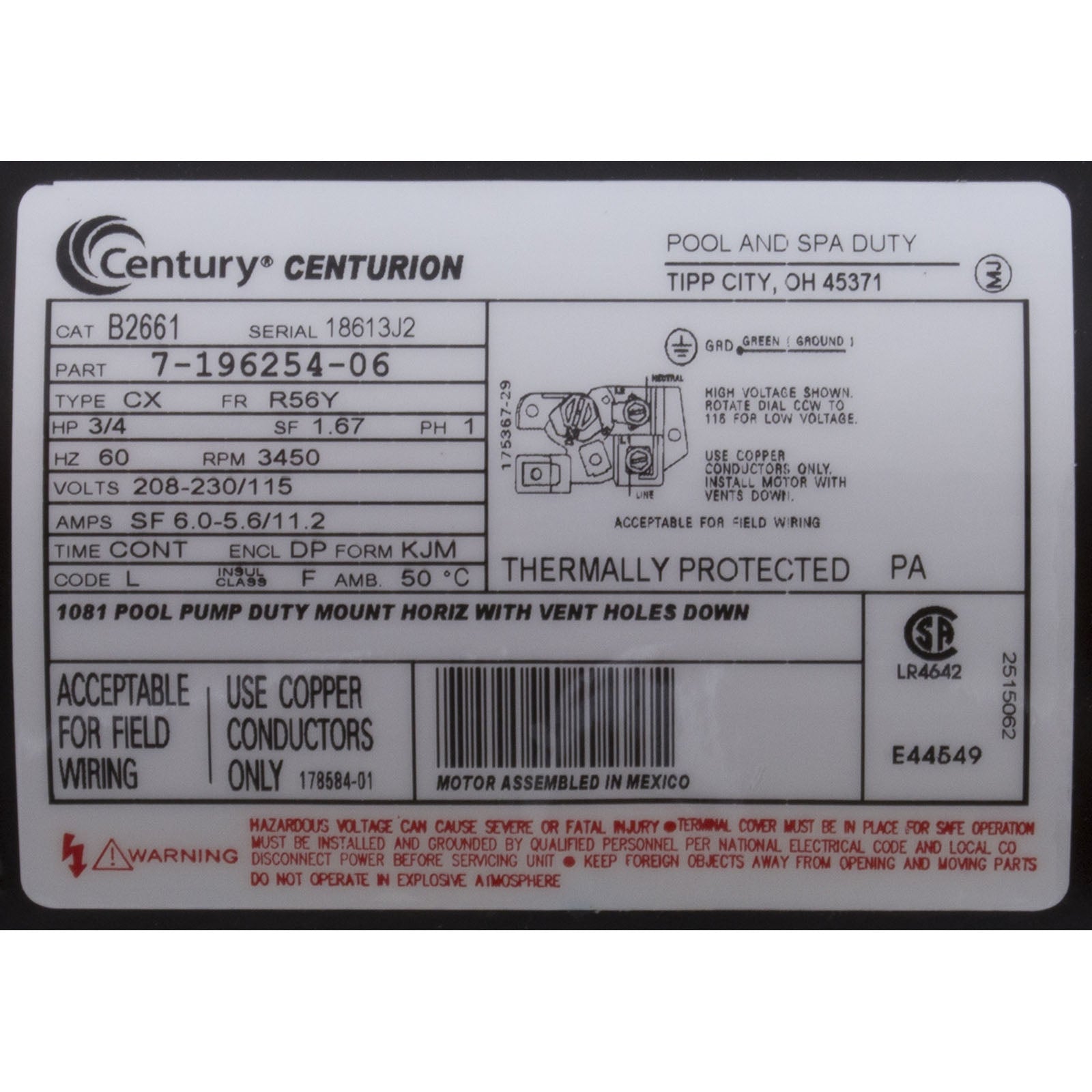 Motor, Century, 0.75hp, 115v/230v, 1-Spd, 56Yfr, SQFL, EE