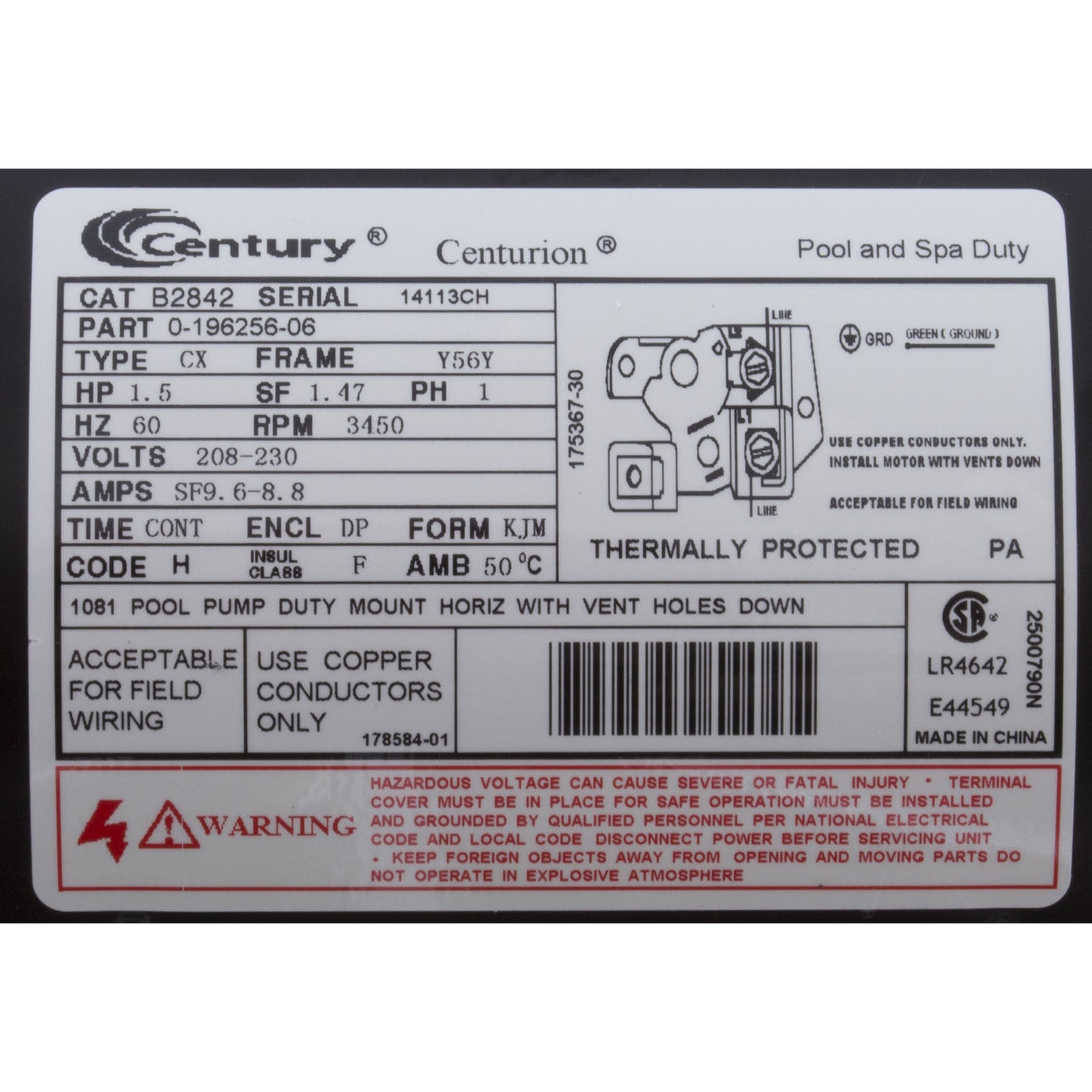 Motor, Century, 1.5hp, 208v-230v, 1-Spd, 56Yfr, SQFL, EE, Full Rate