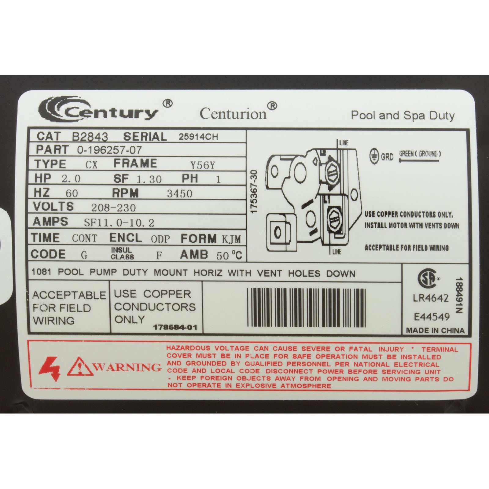 Motor, Century, 2.0hp, 208v-230v, 1-Spd, 56Yfr, SQFL, EE