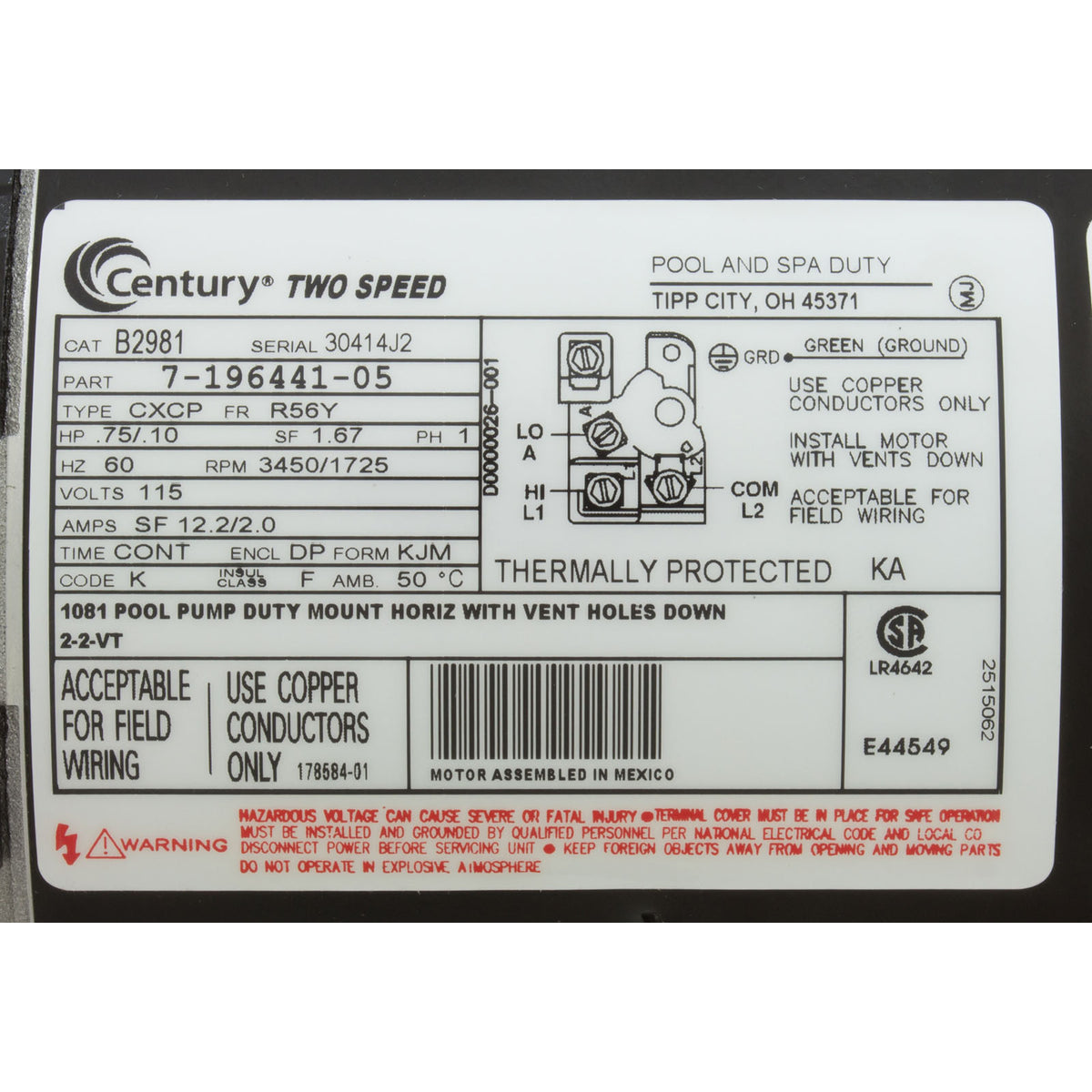 Motor, Century, 0.75hp, 115v, 2-Spd, 56Yfr, SQFL, EE