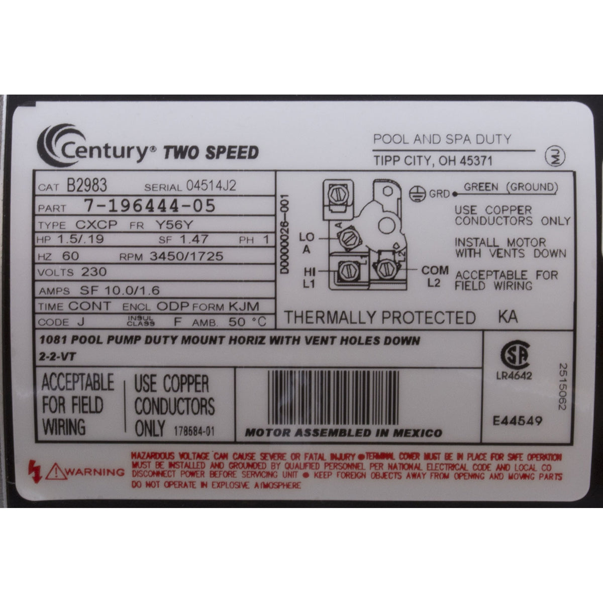 Motor, Century, 1.5hp, 230v, 2-Spd, 56Yfr, SQFL, EE