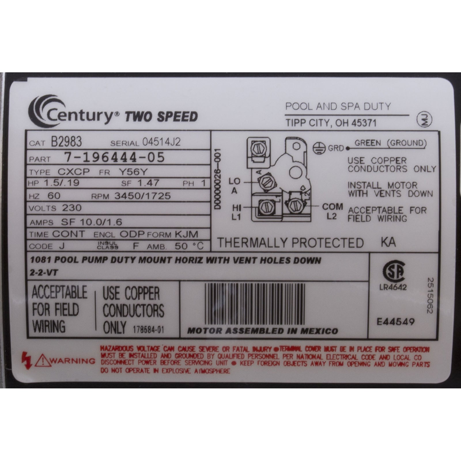 Motor, Century, 1.5hp, 230v, 2-Spd, 56Yfr, SQFL, EE