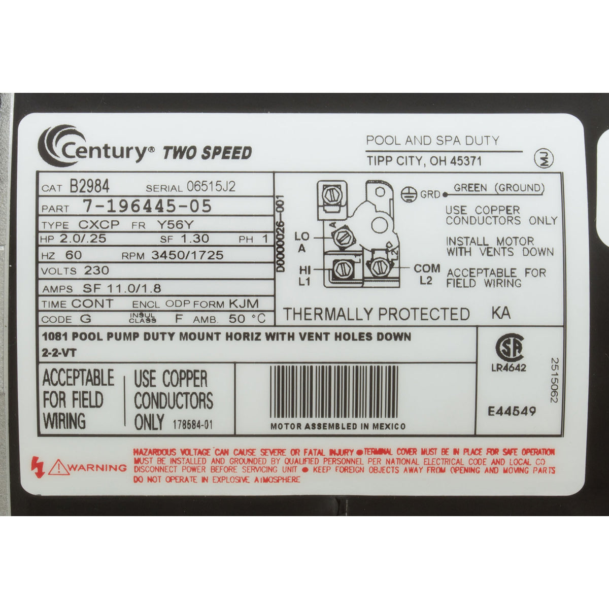 Motor, Century, 2.0hp, 230v, 2-Spd, 56Yfr, SQFL, EE