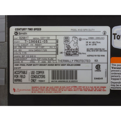 Motor, Century, 0.75hp, 115v, 2-Spd, 56Yfr, SQFL, 2-Green