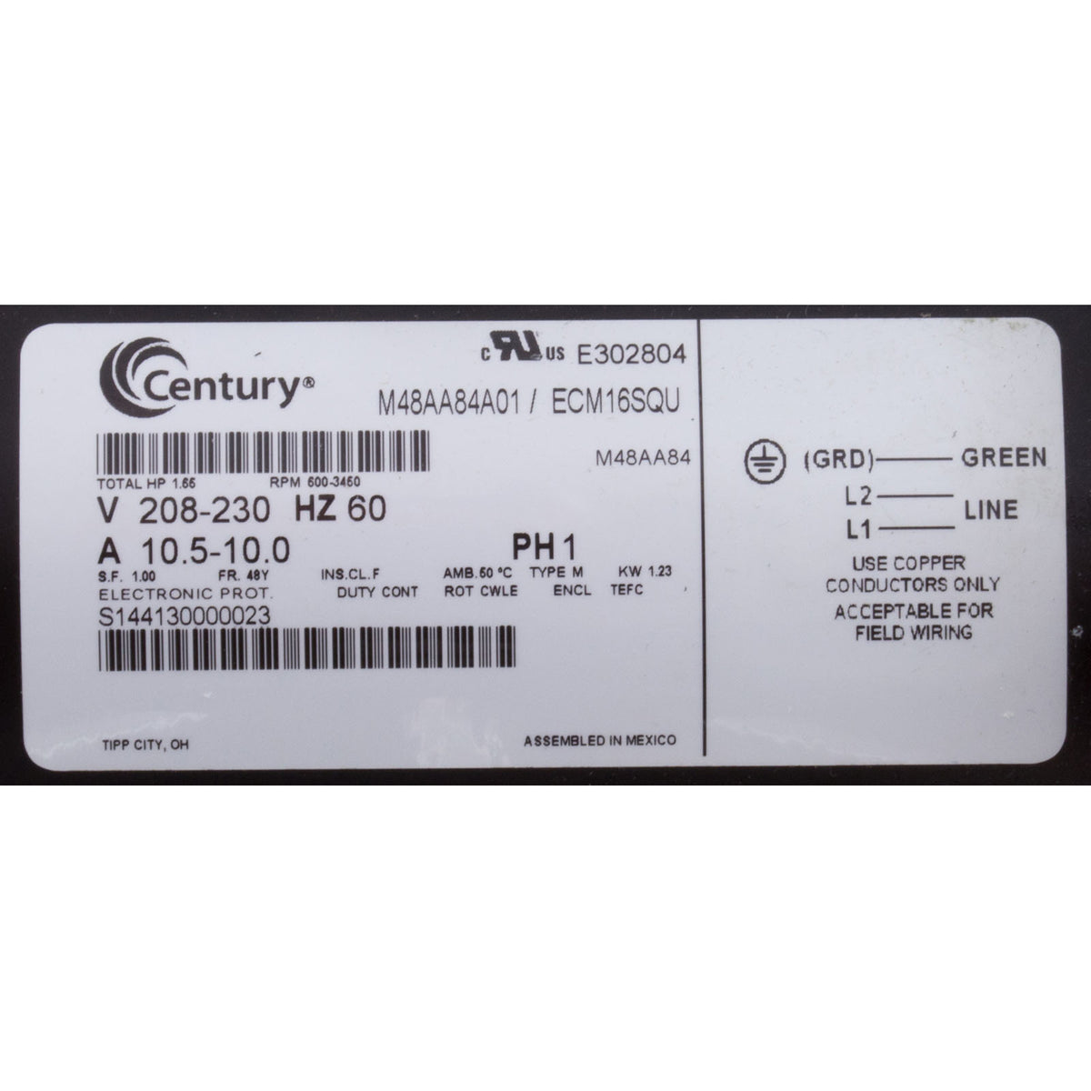 Motor, Century, 208v-230v, Var-Spd, 48fr, SQFL, V-Green