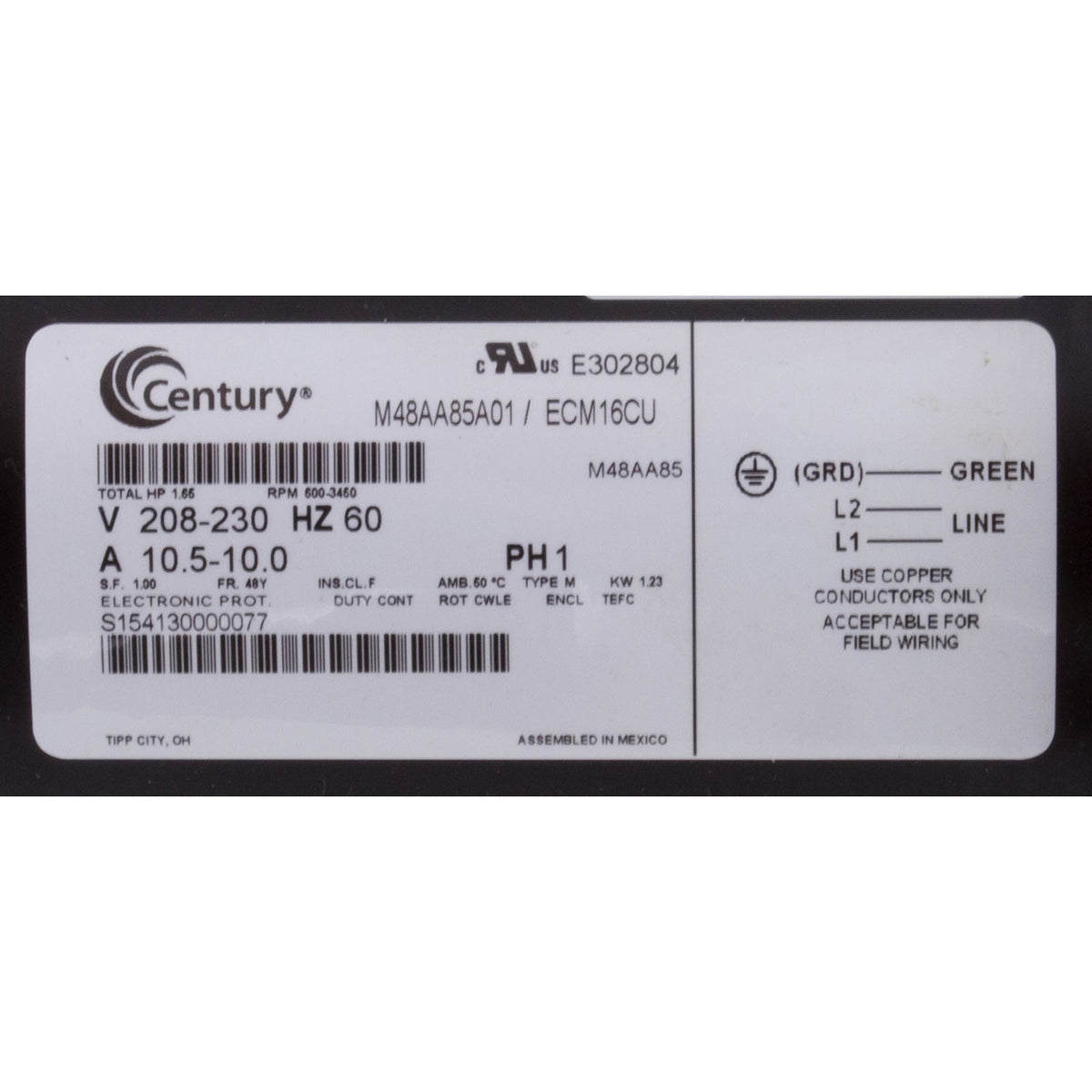 Motor, Century, 208v-230v, Var-Spd, 48fr, C-Face Thd, V-Grn