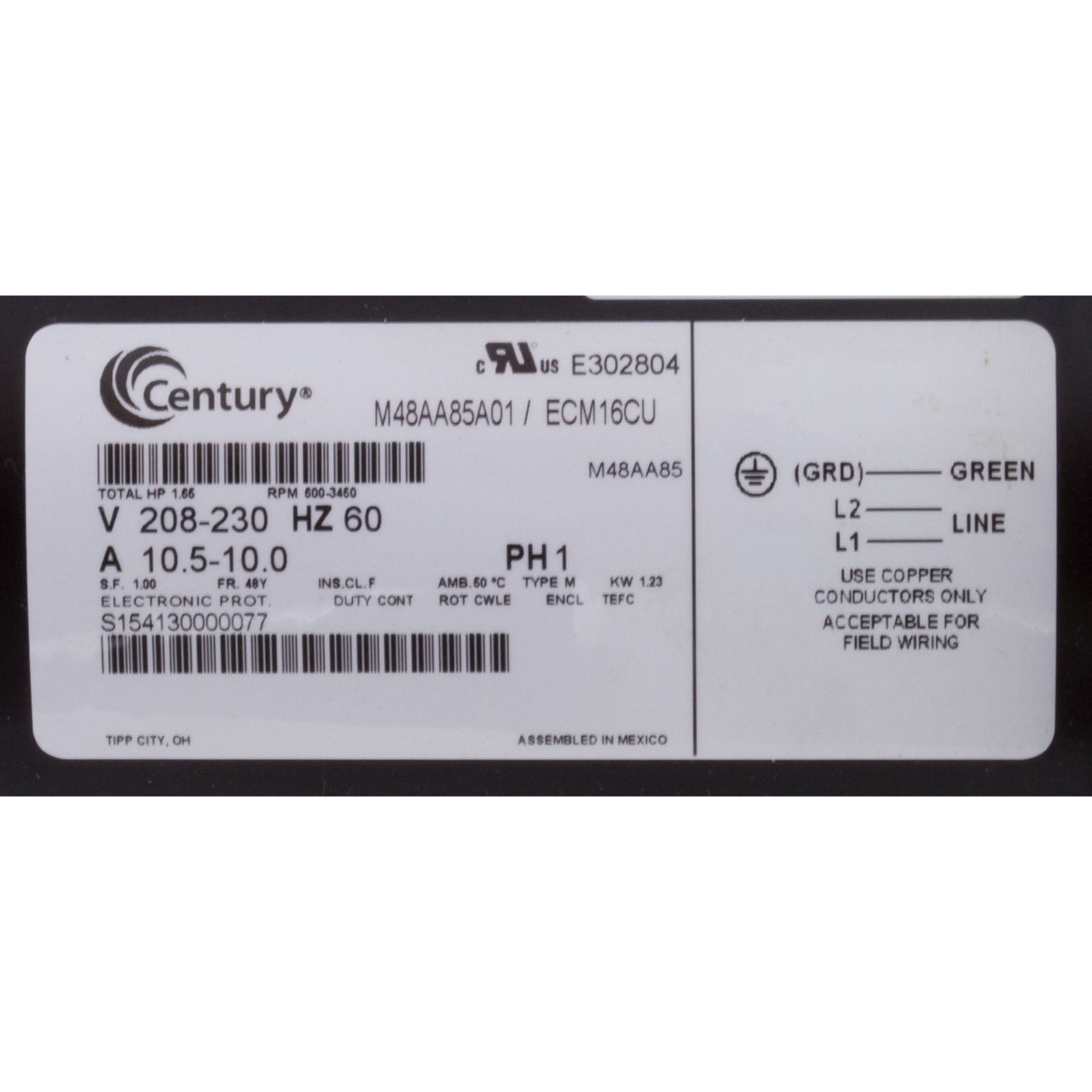 Motor, Century, 208v-230v, Var-Spd, 48fr, C-Face Thd, V-Grn